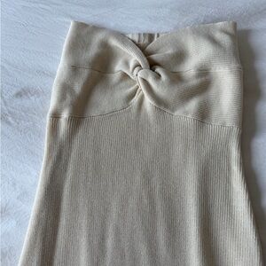 Beige Knit Twist-Front Midi Skirt